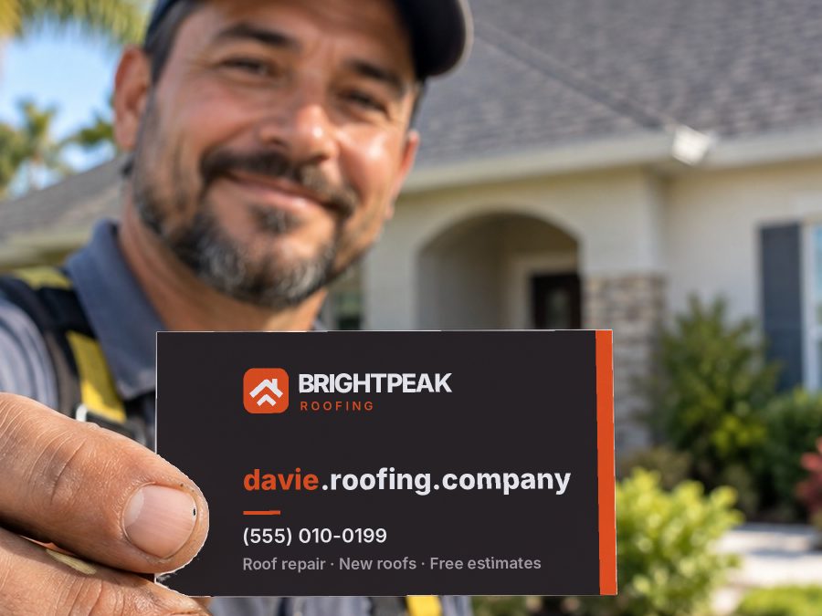 davie.roofing.company on a roofer's business card