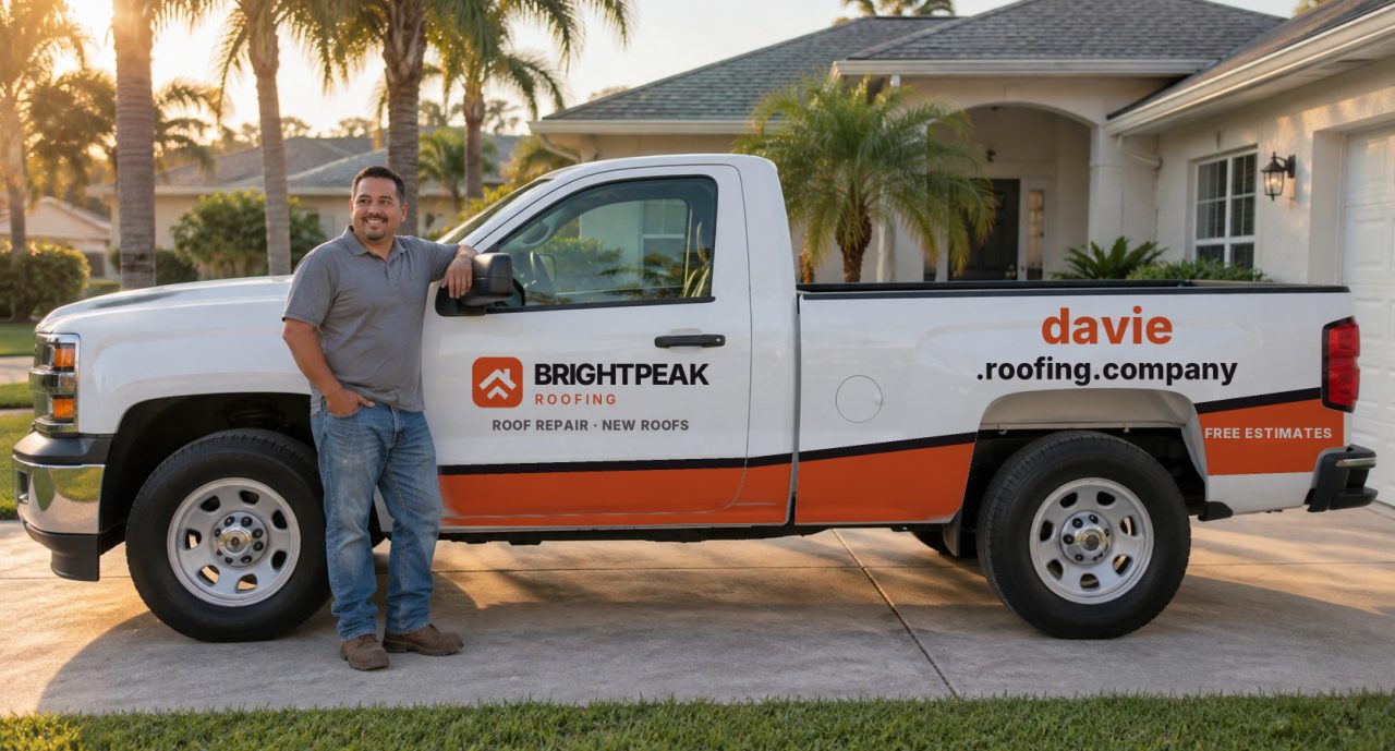 davie.roofing.company painted on the side of a white work truck