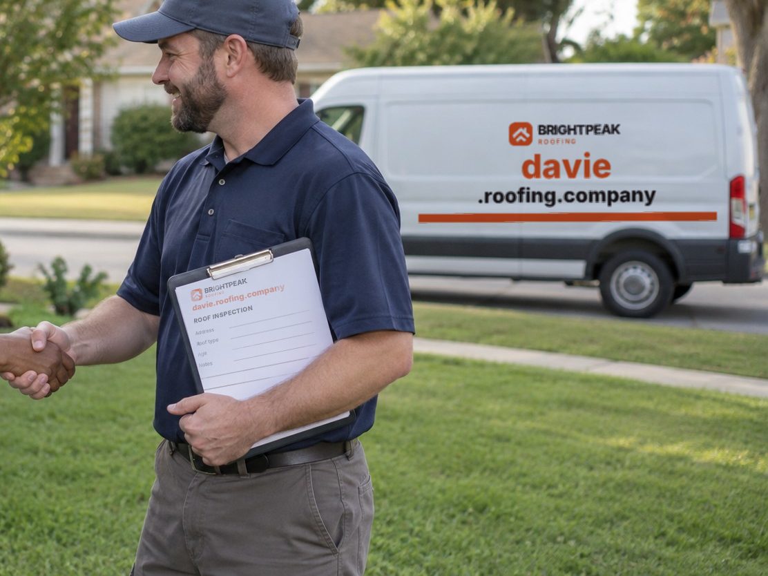 davie.roofing.company on a roofing van and an inspection form